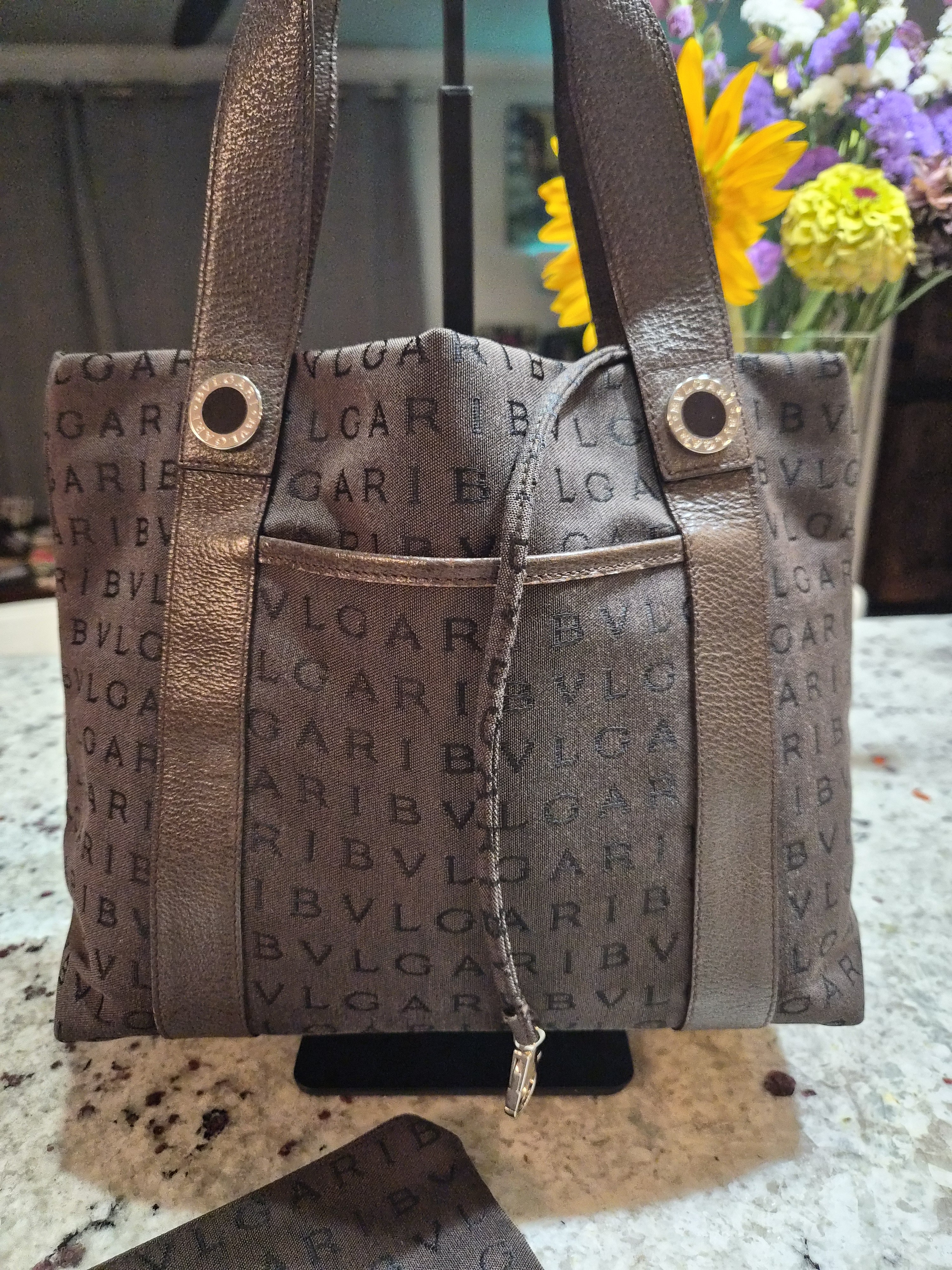 Bvlgari Logomania Canvas Tote Bag Brown Leather Pouch Set Vintage